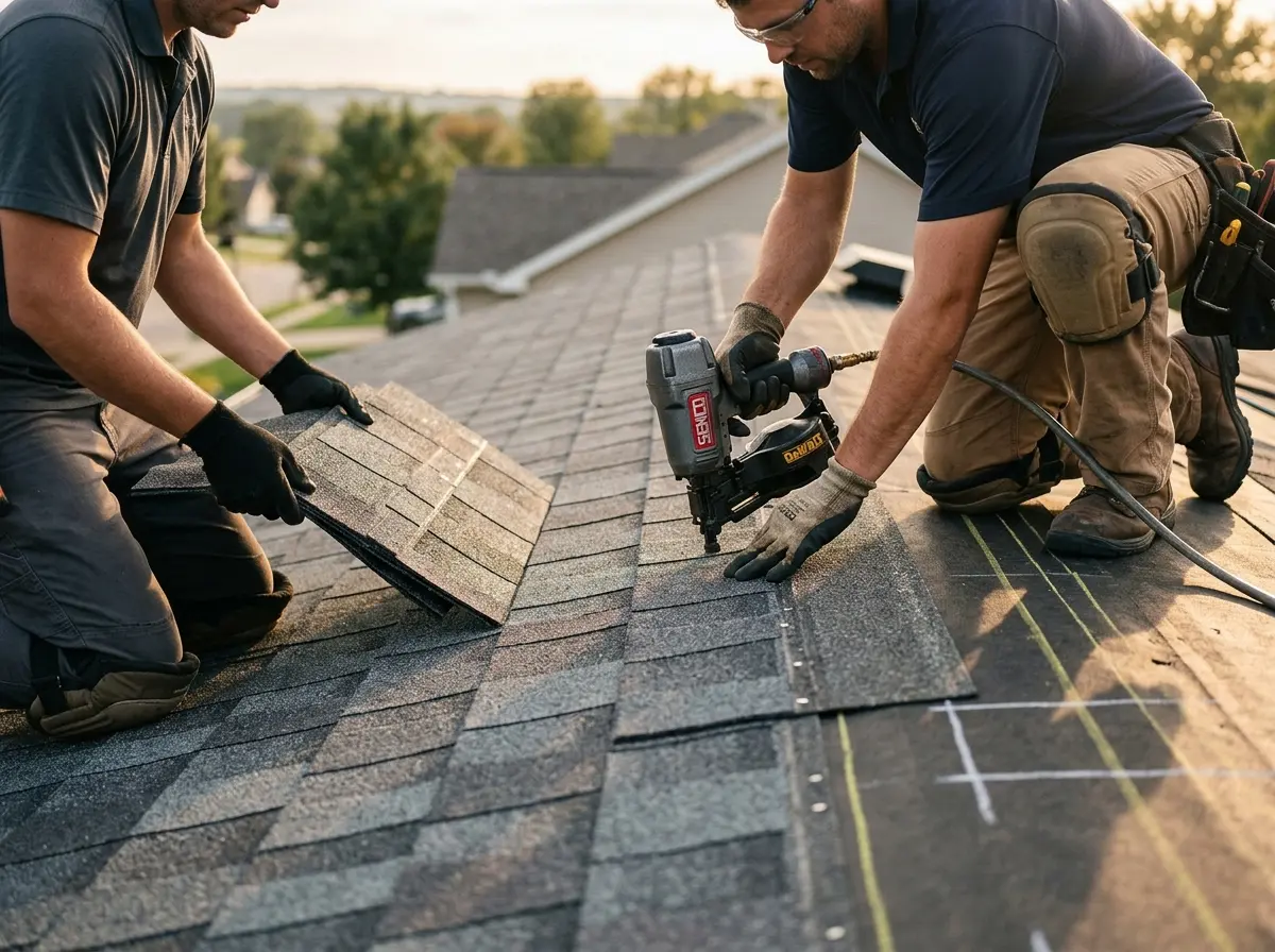 Professional roofer working on a residential roof in Othello